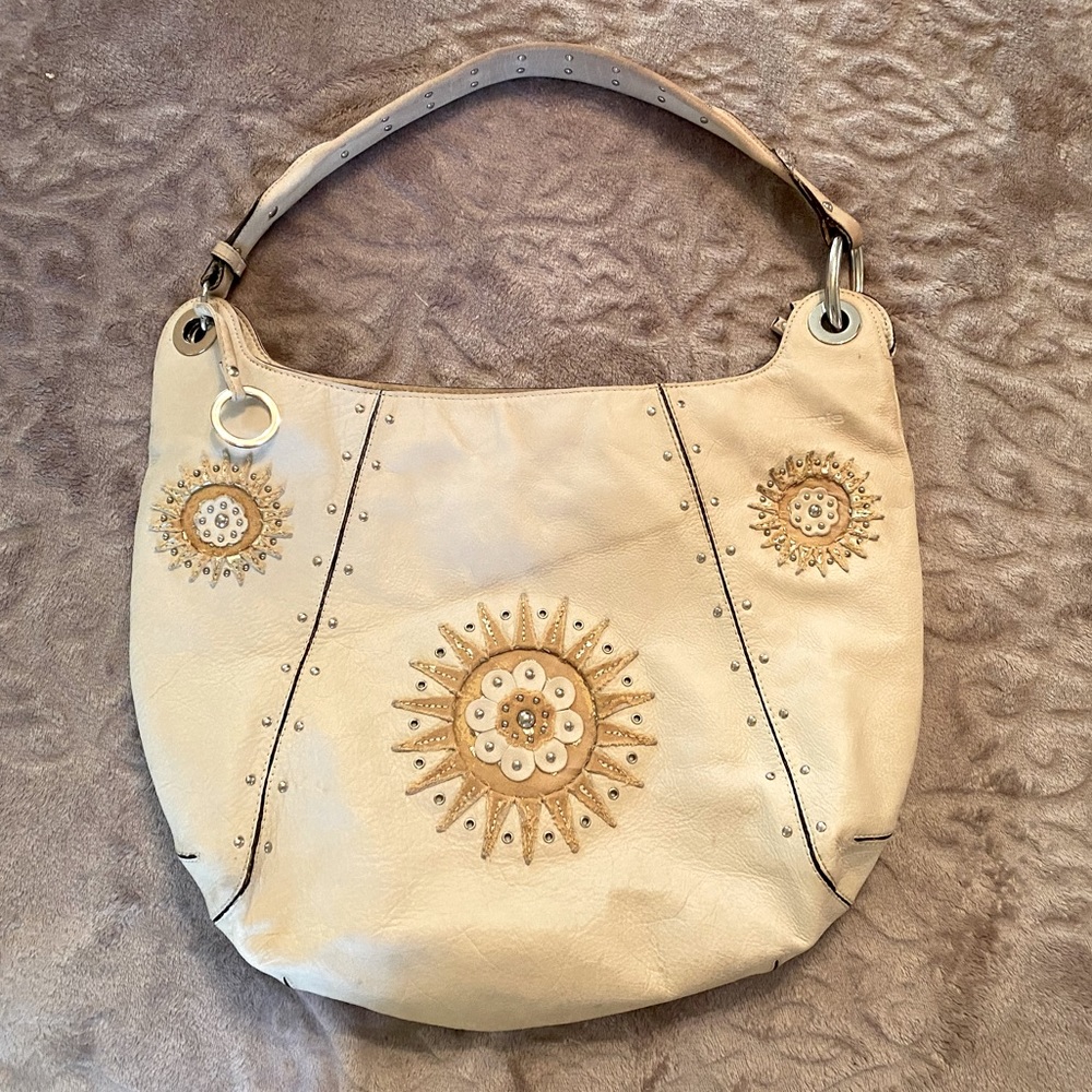 ☀️CROMIA☀️XL LEATHER STUDDED SUNBURST SHOULDER BAG PURSE EUC CONDITION 🇮🇹MADE